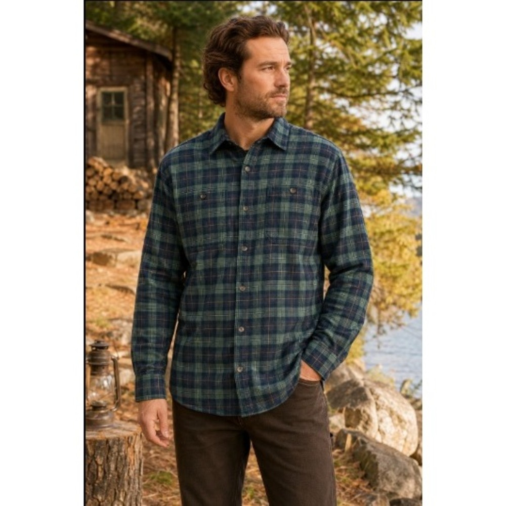 Duluth Trading Co Flannel Shirt Large Green Plaid Outdoor Workwear Rugged Cotton